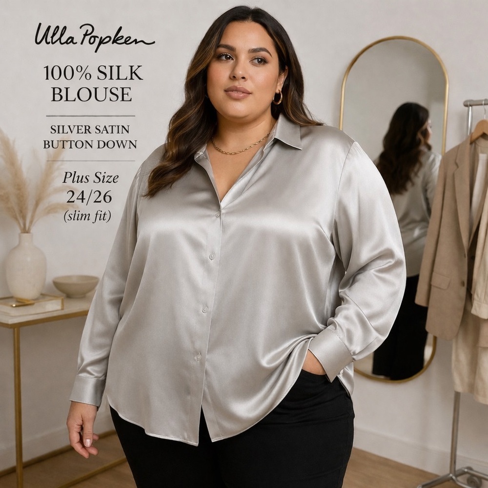 Ulla Popken 100% Silk Blouse Silver Satin Button Down | Plus Size 24/26 - Picture 9 of 10